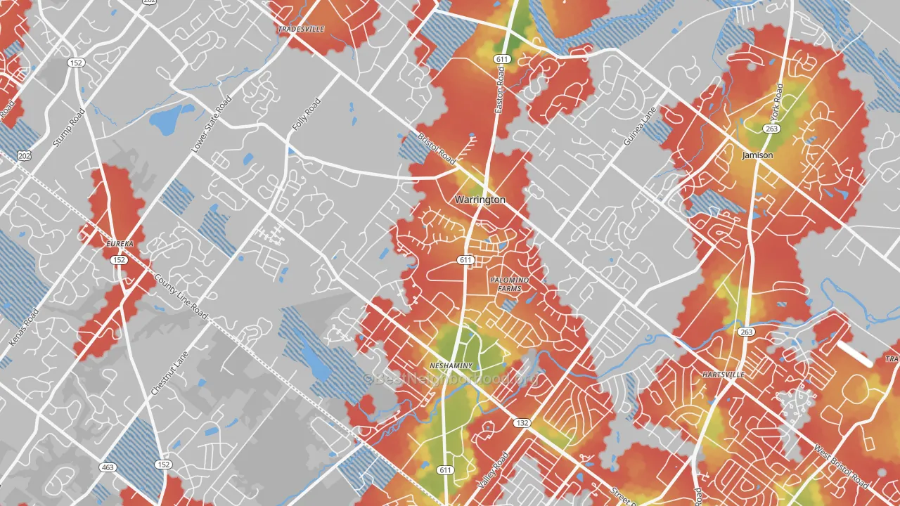 Walk Grade map of Warrington, PA, walkable areas in green and car-dependent areas in red