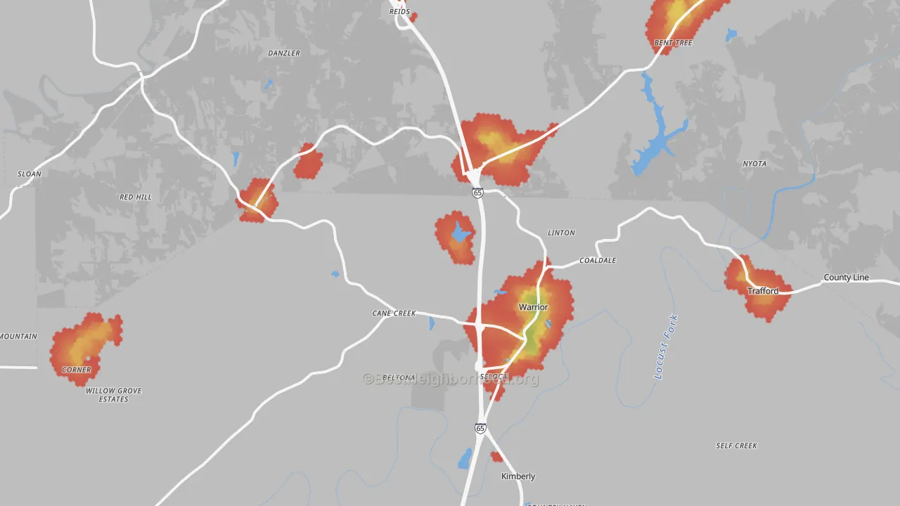 Walk Grade map of Warrior, AL, walkable areas in green and car-dependent areas in red