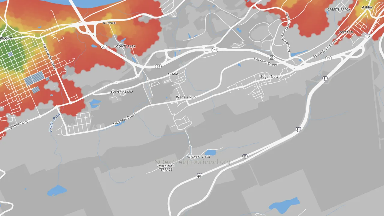 Walk Grade map of Warrior Run, PA, walkable areas in green and car-dependent areas in red
