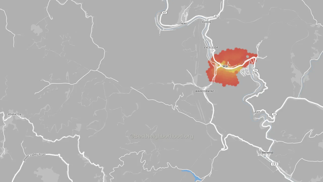 Walk Grade map of Warriormine, WV, walkable areas in green and car-dependent areas in red