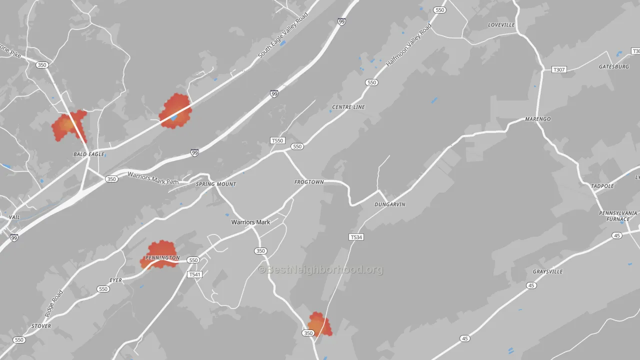 Walk Grade map of Warriors Mark, PA, walkable areas in green and car-dependent areas in red