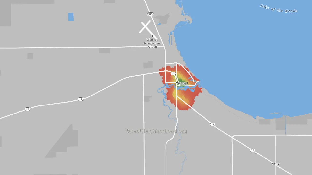 Walk Grade map of Warroad, MN, walkable areas in green and car-dependent areas in red