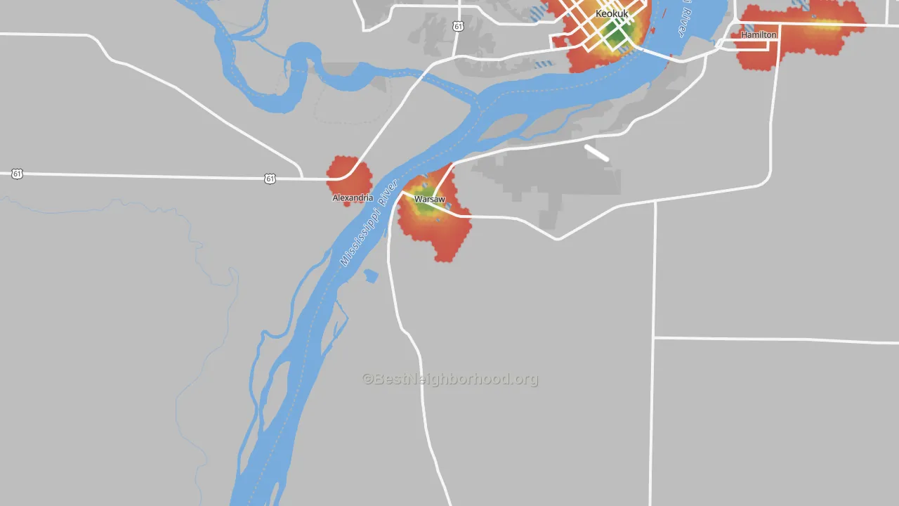 Walk Grade map of Warsaw, IL, walkable areas in green and car-dependent areas in red