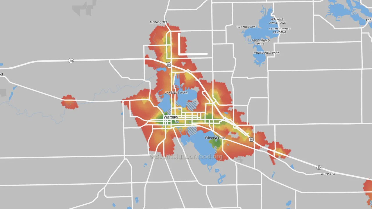 Walk Grade map of Warsaw, IN, walkable areas in green and car-dependent areas in red