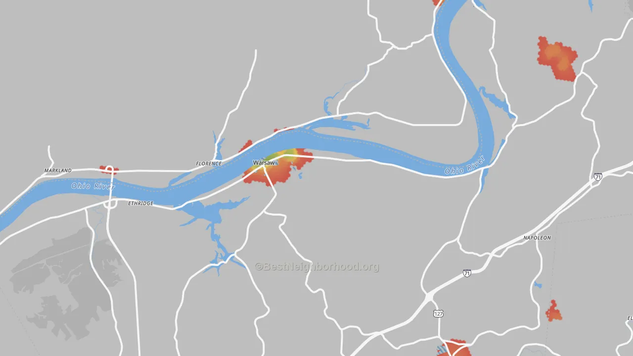 Walk Grade map of Warsaw, KY, walkable areas in green and car-dependent areas in red