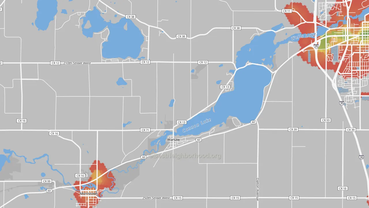Walk Grade map of Warsaw, MN, walkable areas in green and car-dependent areas in red