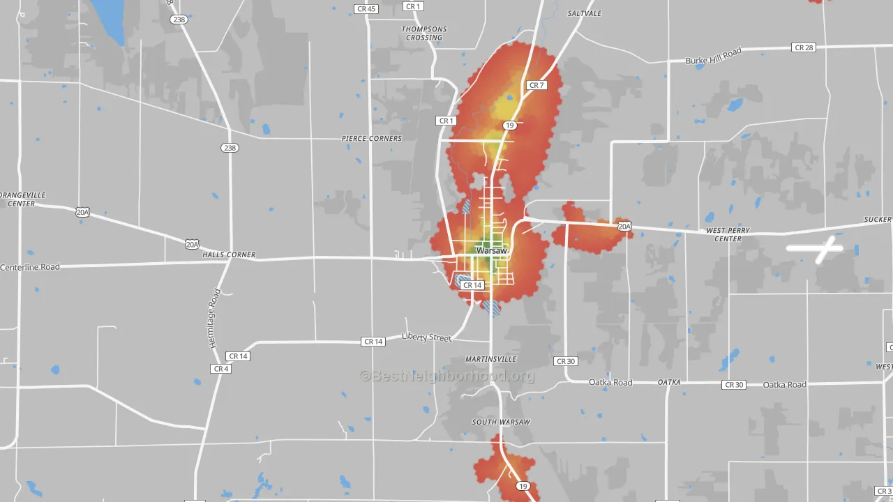 Walk Grade map of Warsaw, NY, walkable areas in green and car-dependent areas in red