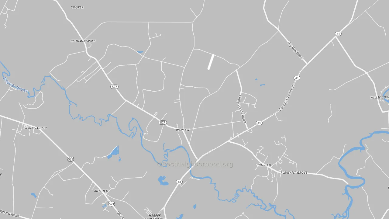 Walk Grade map of Warsaw, SC, walkable areas in green and car-dependent areas in red
