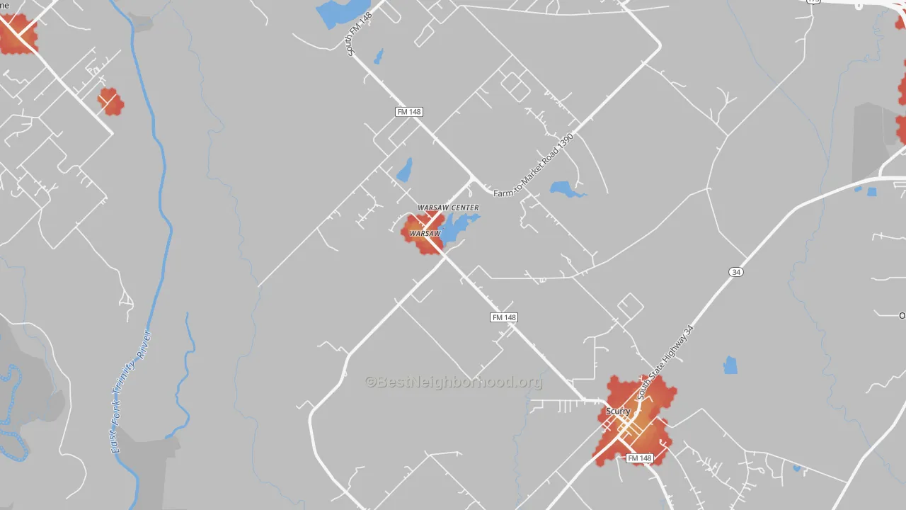 Walk Grade map of Warsaw, TX, walkable areas in green and car-dependent areas in red