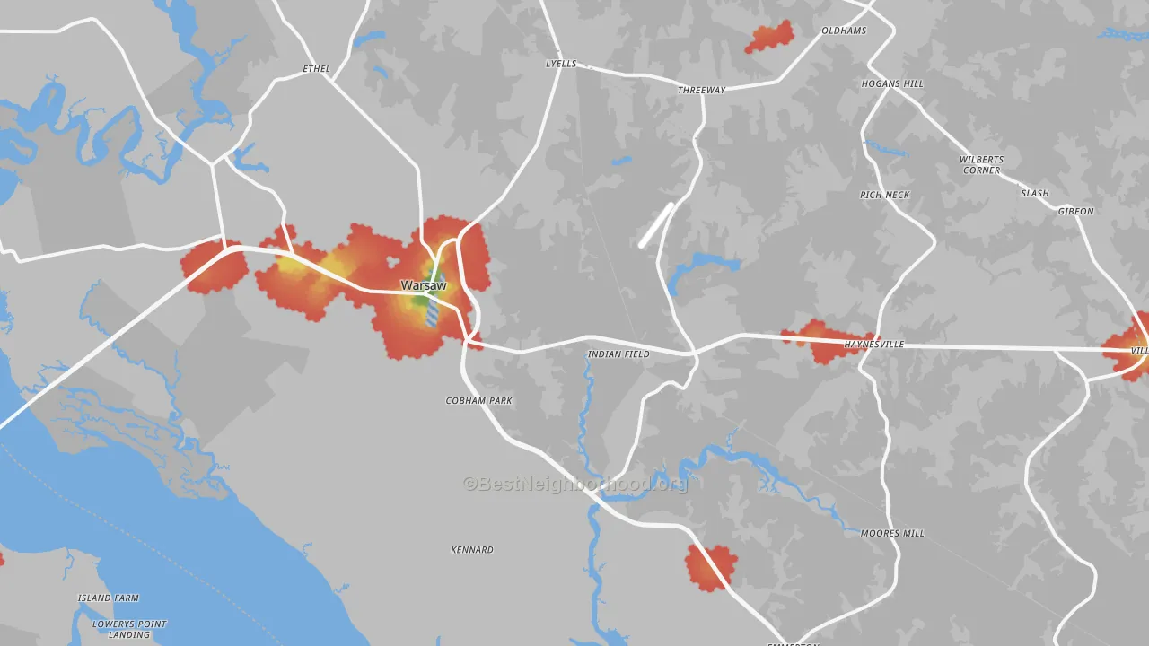 Walk Grade map of Warsaw, VA, walkable areas in green and car-dependent areas in red