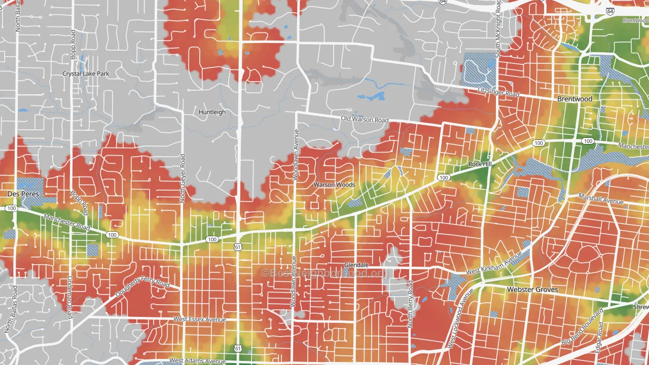 Walk Grade map of Warson Woods, MO, walkable areas in green and car-dependent areas in red