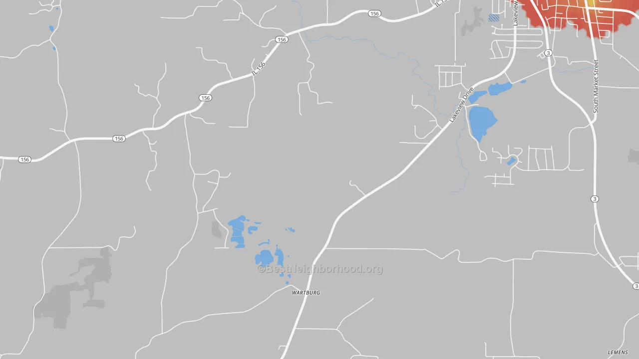 Walk Grade map of Wartburg, IL, walkable areas in green and car-dependent areas in red