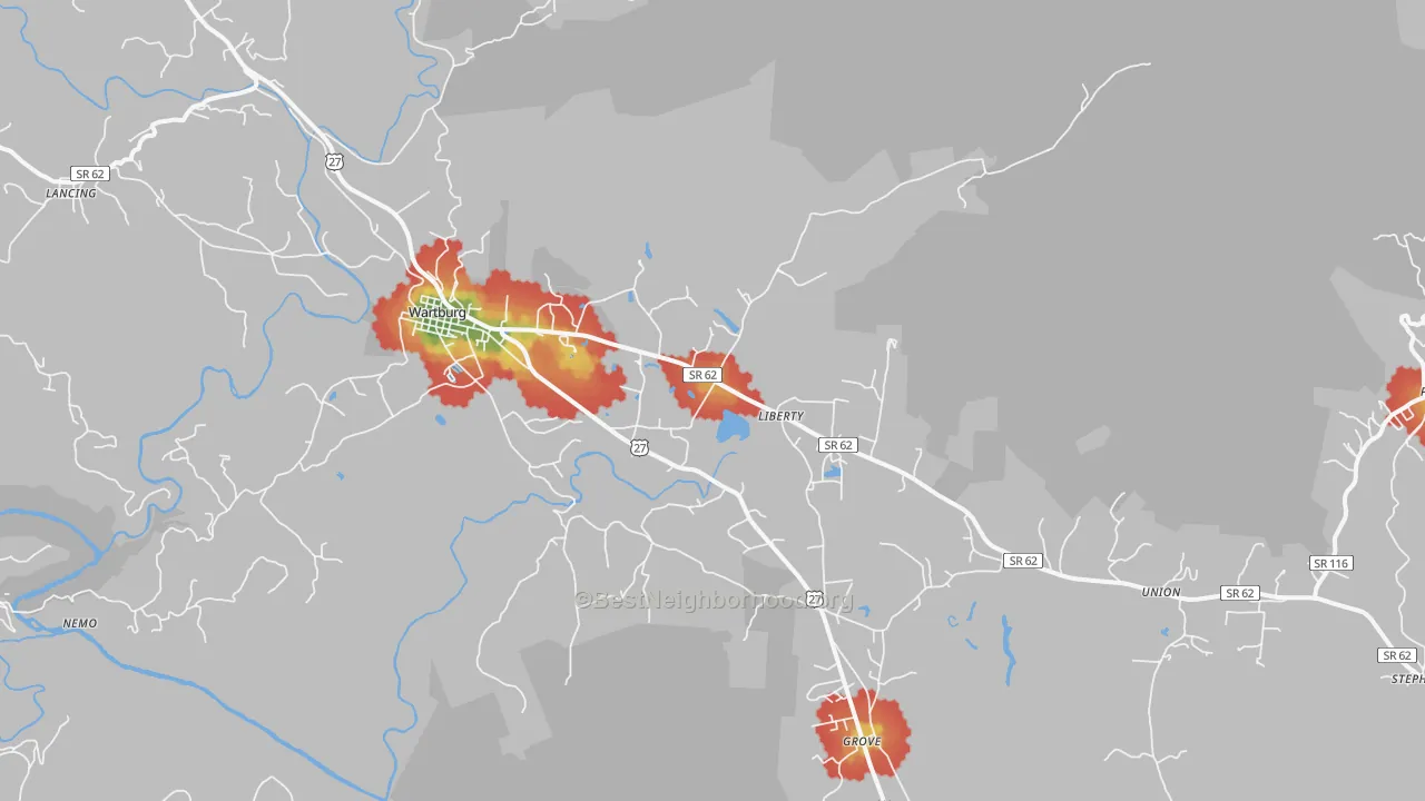 Walk Grade map of Wartburg, TN, walkable areas in green and car-dependent areas in red