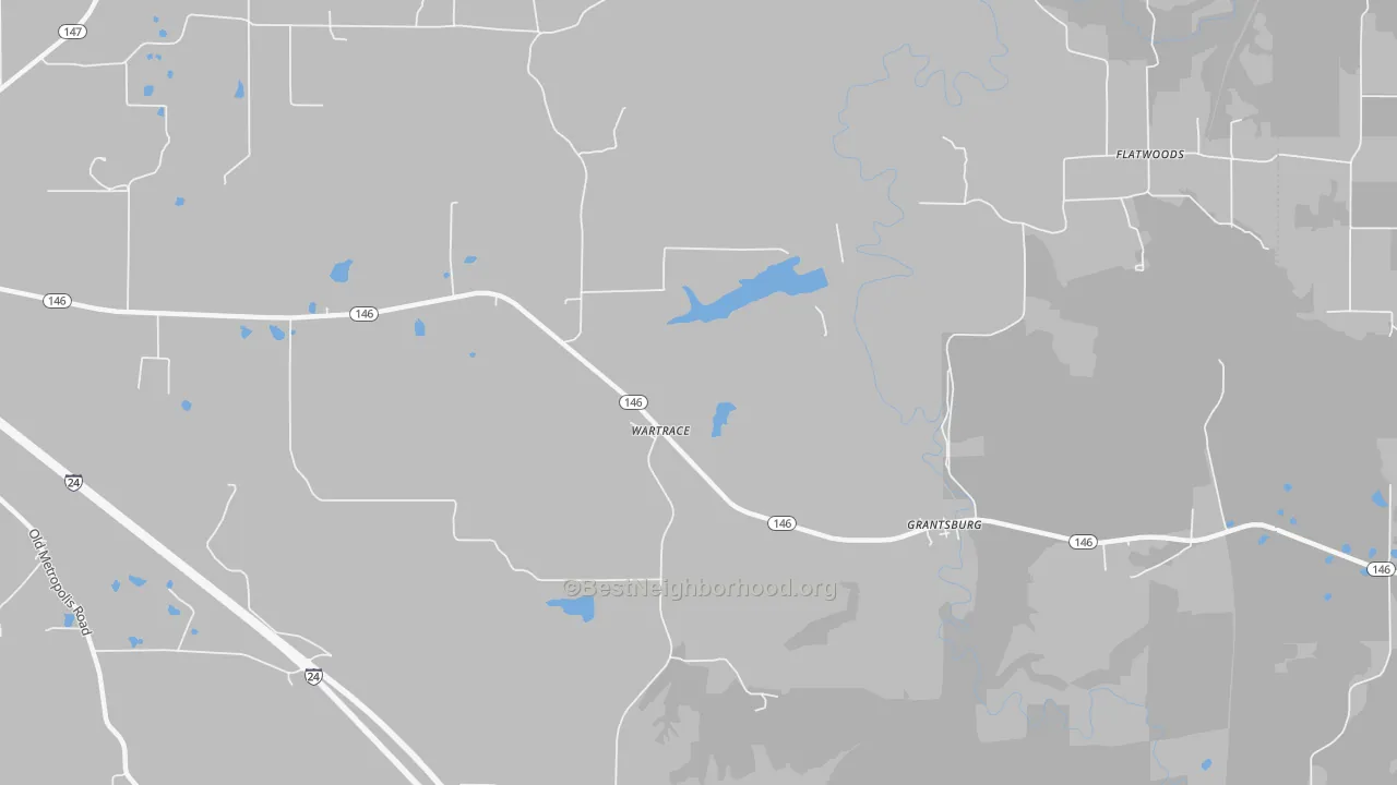 Walk Grade map of Wartrace, IL, walkable areas in green and car-dependent areas in red