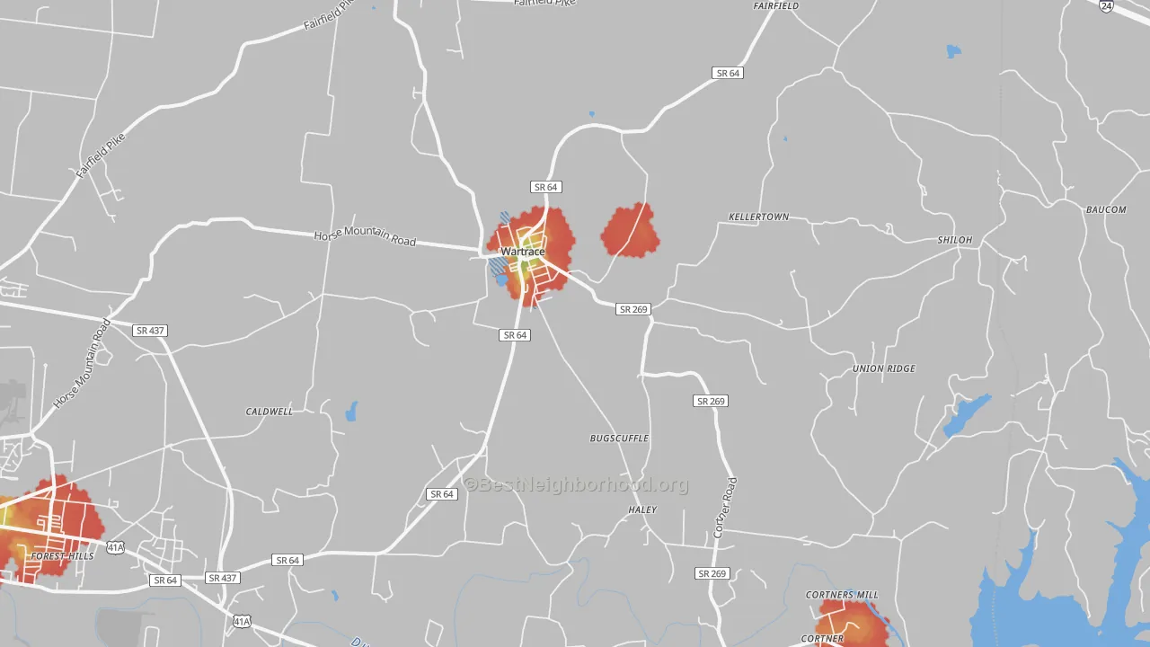 Walk Grade map of Wartrace, TN, walkable areas in green and car-dependent areas in red