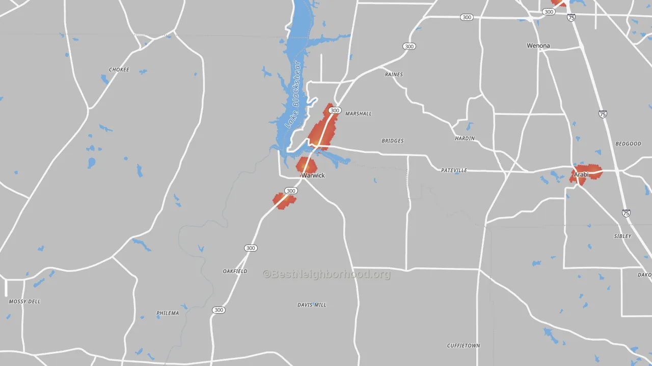 Walk Grade map of Warwick, GA, walkable areas in green and car-dependent areas in red