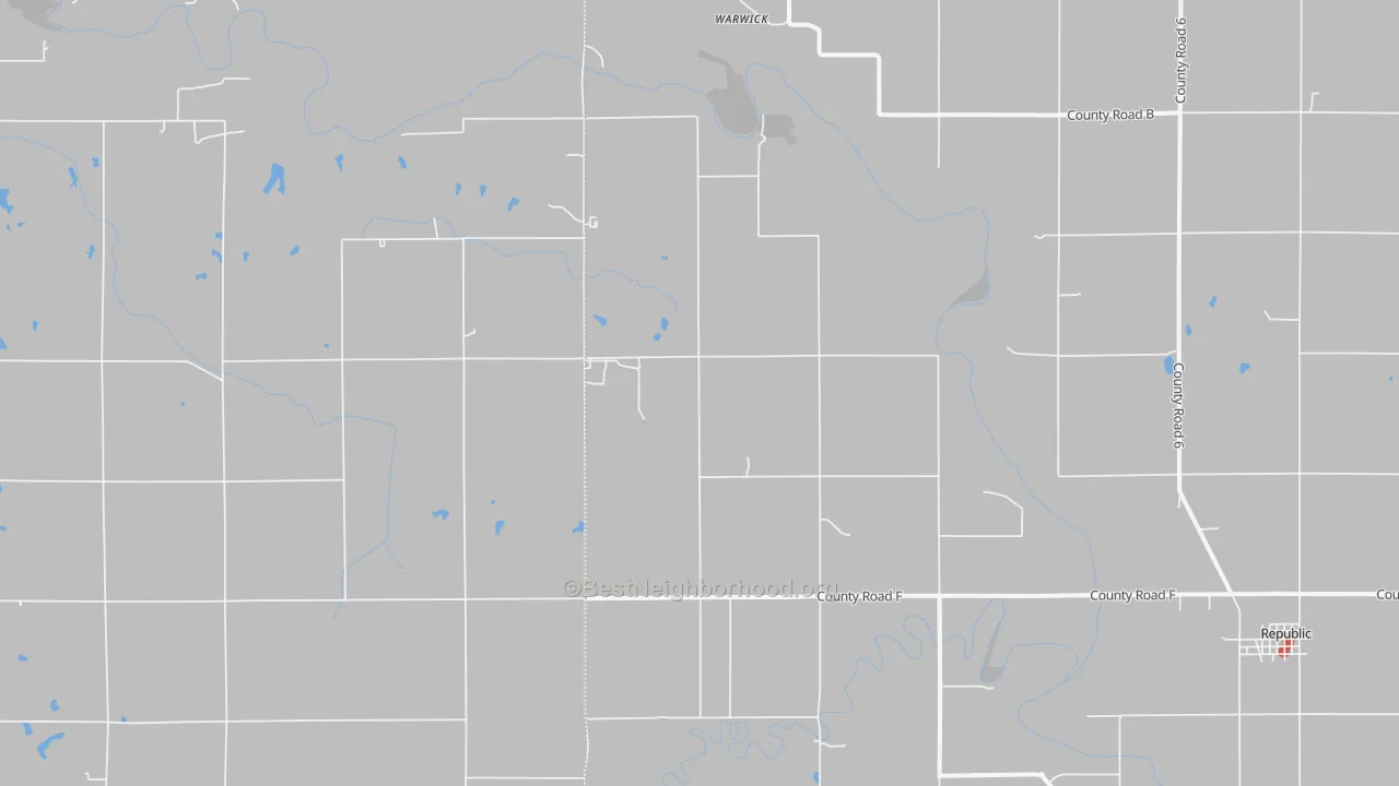 Walk Grade map of Warwick, KS, walkable areas in green and car-dependent areas in red