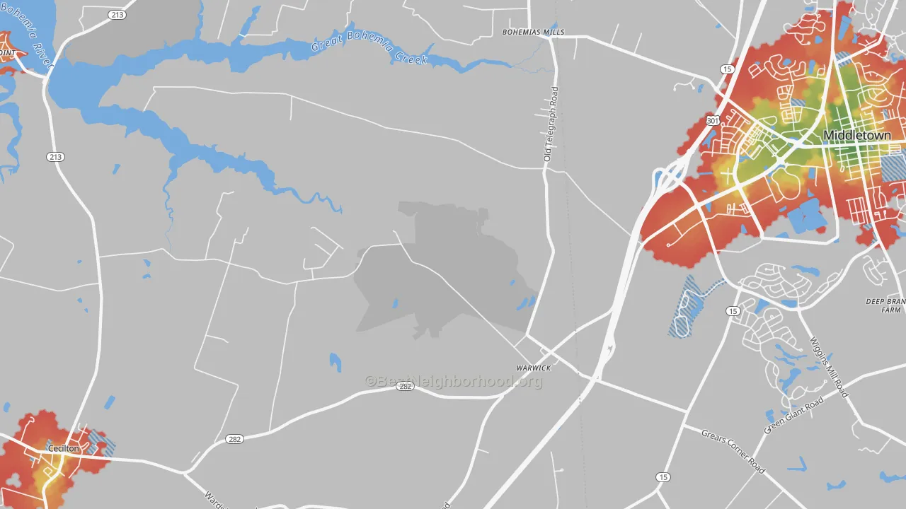 Walk Grade map of Warwick, MD, walkable areas in green and car-dependent areas in red