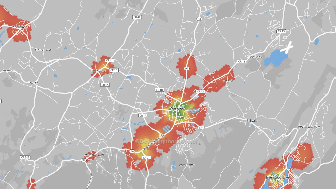 Walk Grade map of Warwick, NY, walkable areas in green and car-dependent areas in red