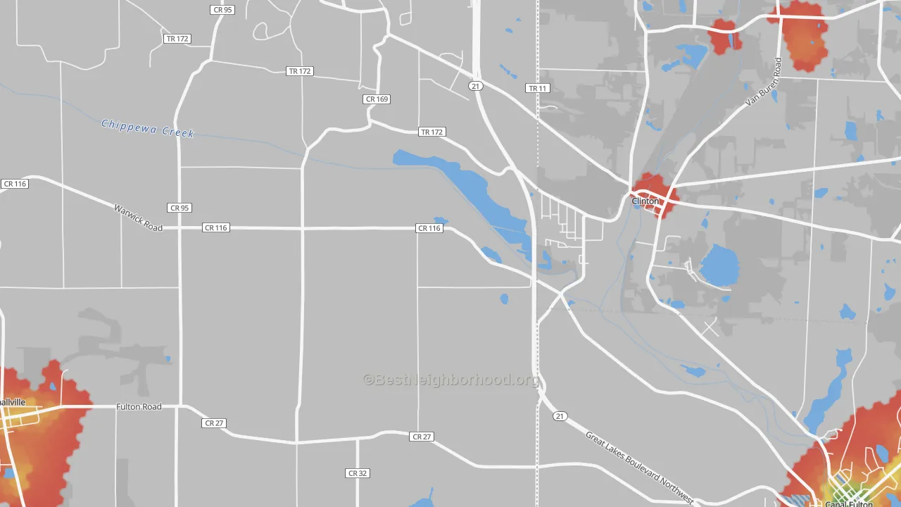 Walk Grade map of Warwick, OH, walkable areas in green and car-dependent areas in red