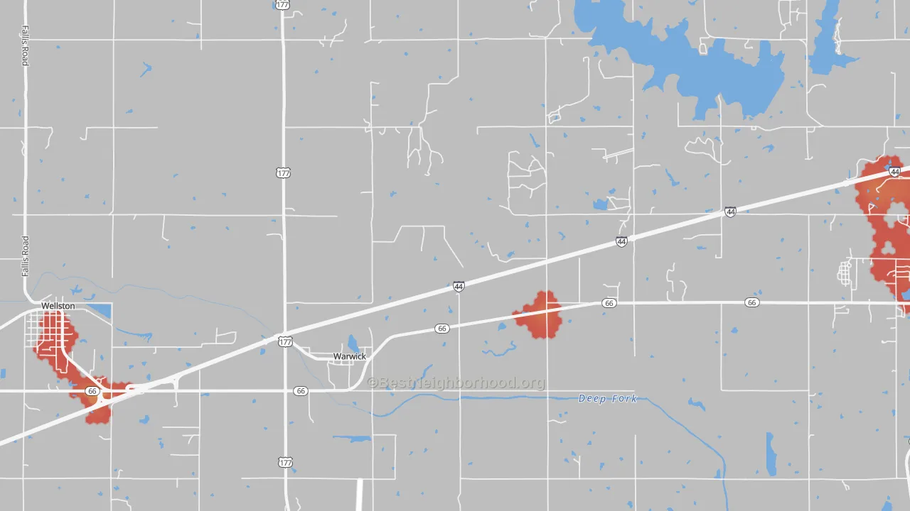 Walk Grade map of Warwick, OK, walkable areas in green and car-dependent areas in red