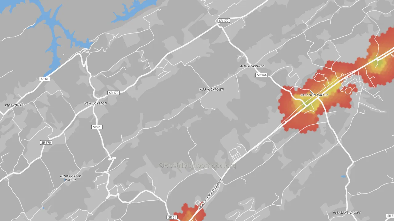 Walk Grade map of Warwicktown, TN, walkable areas in green and car-dependent areas in red