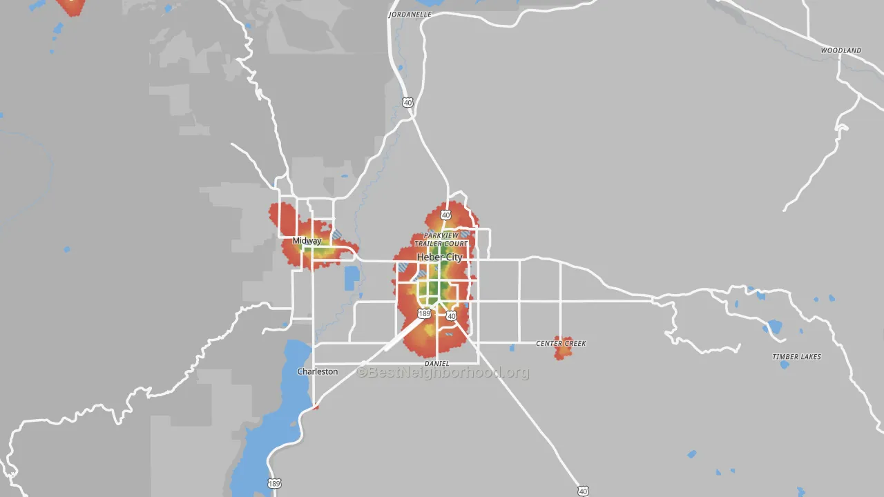 Walk Grade map of Wasatch County, UT, walkable areas in green and car-dependent areas in red