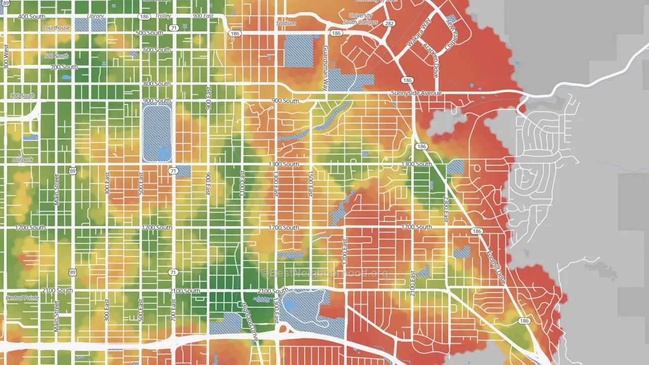 Walk Grade map of Wasatch Hollow, Salt Lake City, UT, walkable areas in green and car-dependent areas in red
