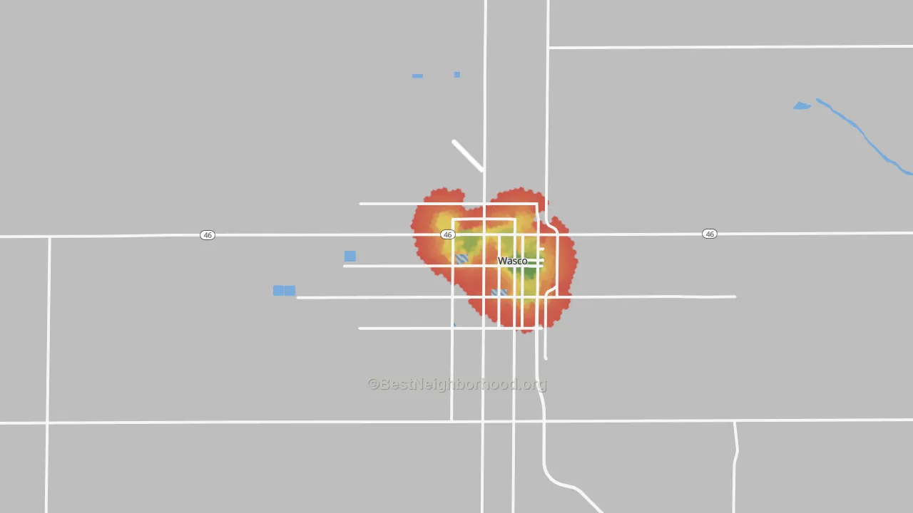Walk Grade map of Wasco, CA, walkable areas in green and car-dependent areas in red