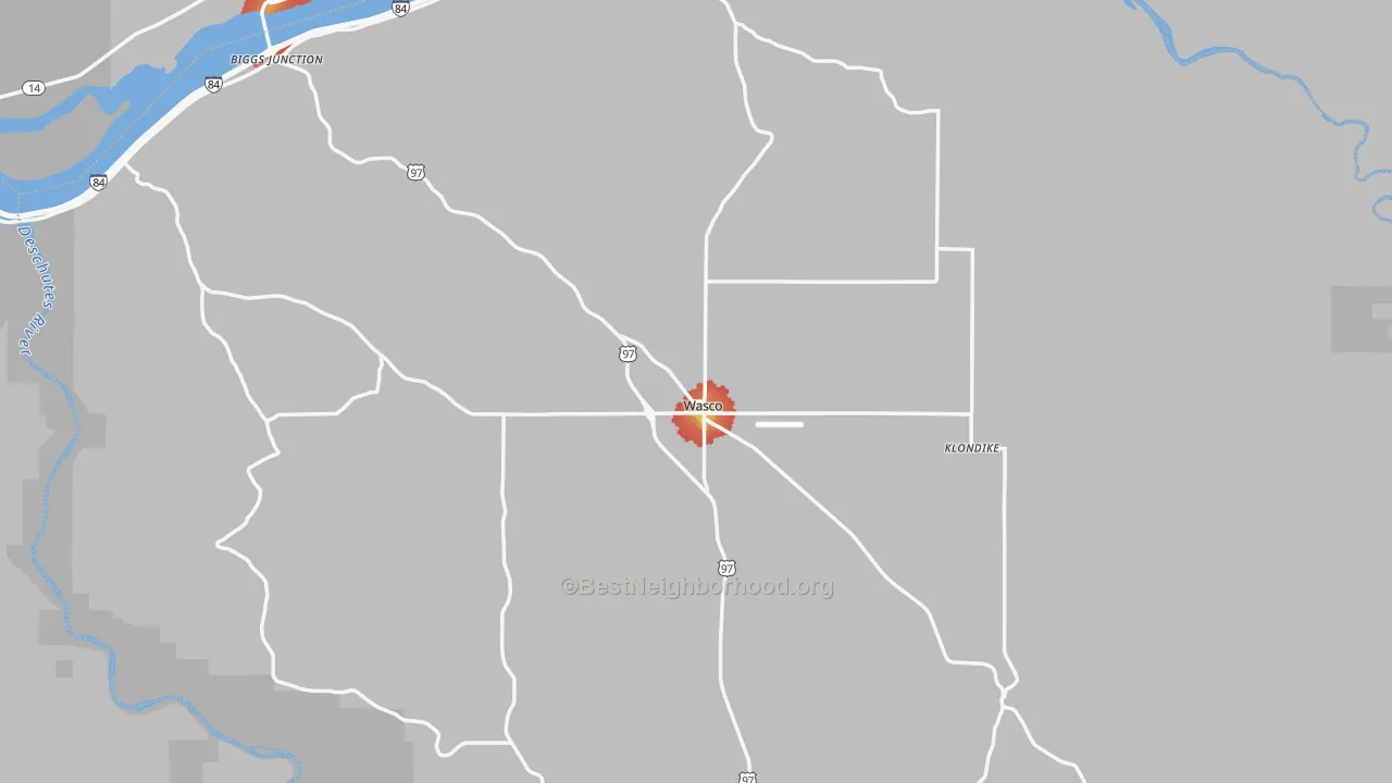 Walk Grade map of Wasco, OR, walkable areas in green and car-dependent areas in red