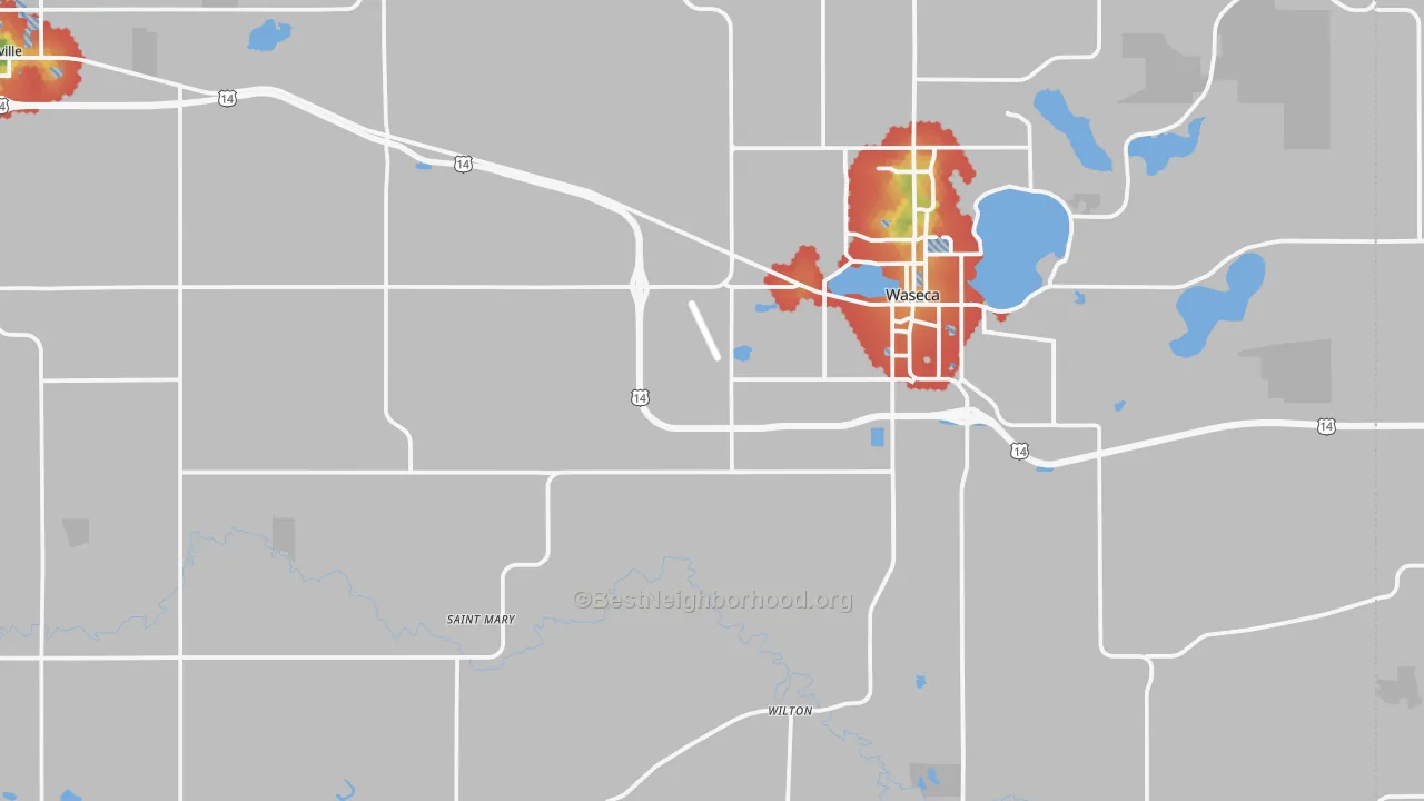 Walk Grade map of Waseca County, MN, walkable areas in green and car-dependent areas in red
