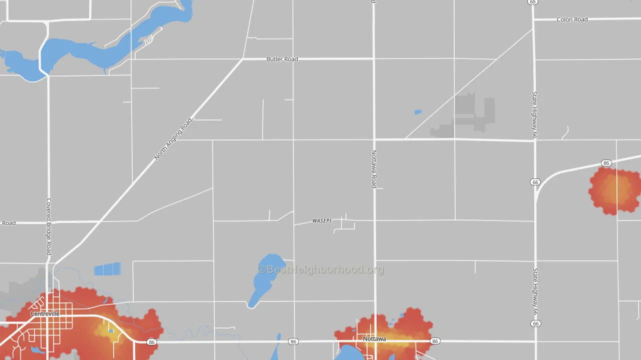 Walk Grade map of Wasepi, MI, walkable areas in green and car-dependent areas in red