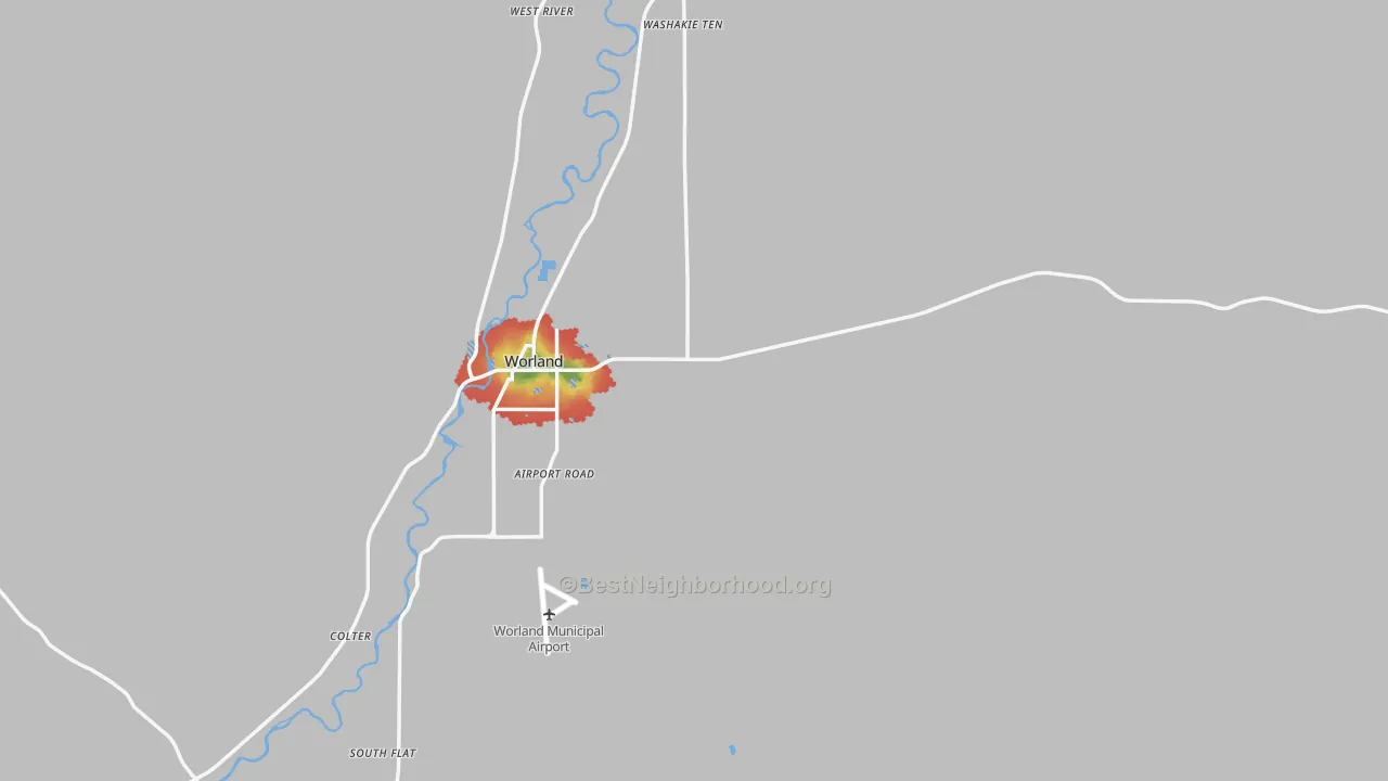 Walk Grade map of Washakie County, WY, walkable areas in green and car-dependent areas in red