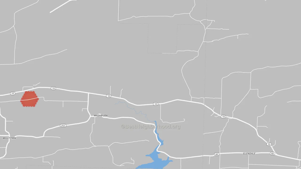 Walk Grade map of Washburn, AR, walkable areas in green and car-dependent areas in red
