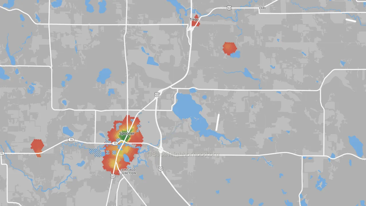 Walk Grade map of Washburn County, WI, walkable areas in green and car-dependent areas in red