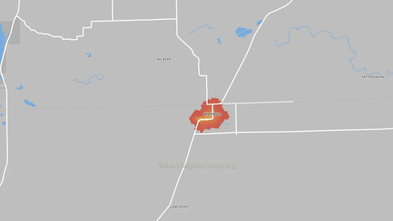 Walk Grade map of Washburn, IL, walkable areas in green and car-dependent areas in red