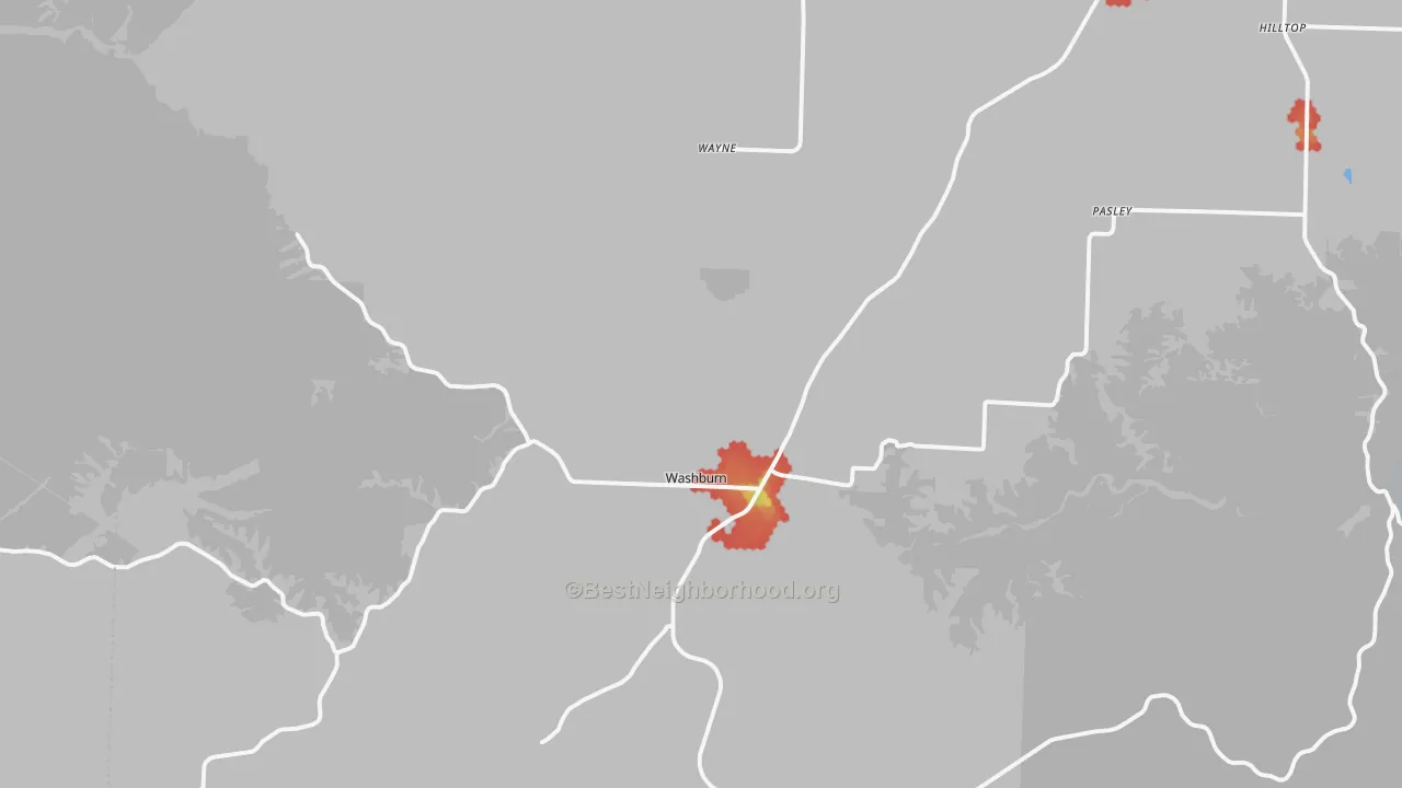 Walk Grade map of Washburn, MO, walkable areas in green and car-dependent areas in red