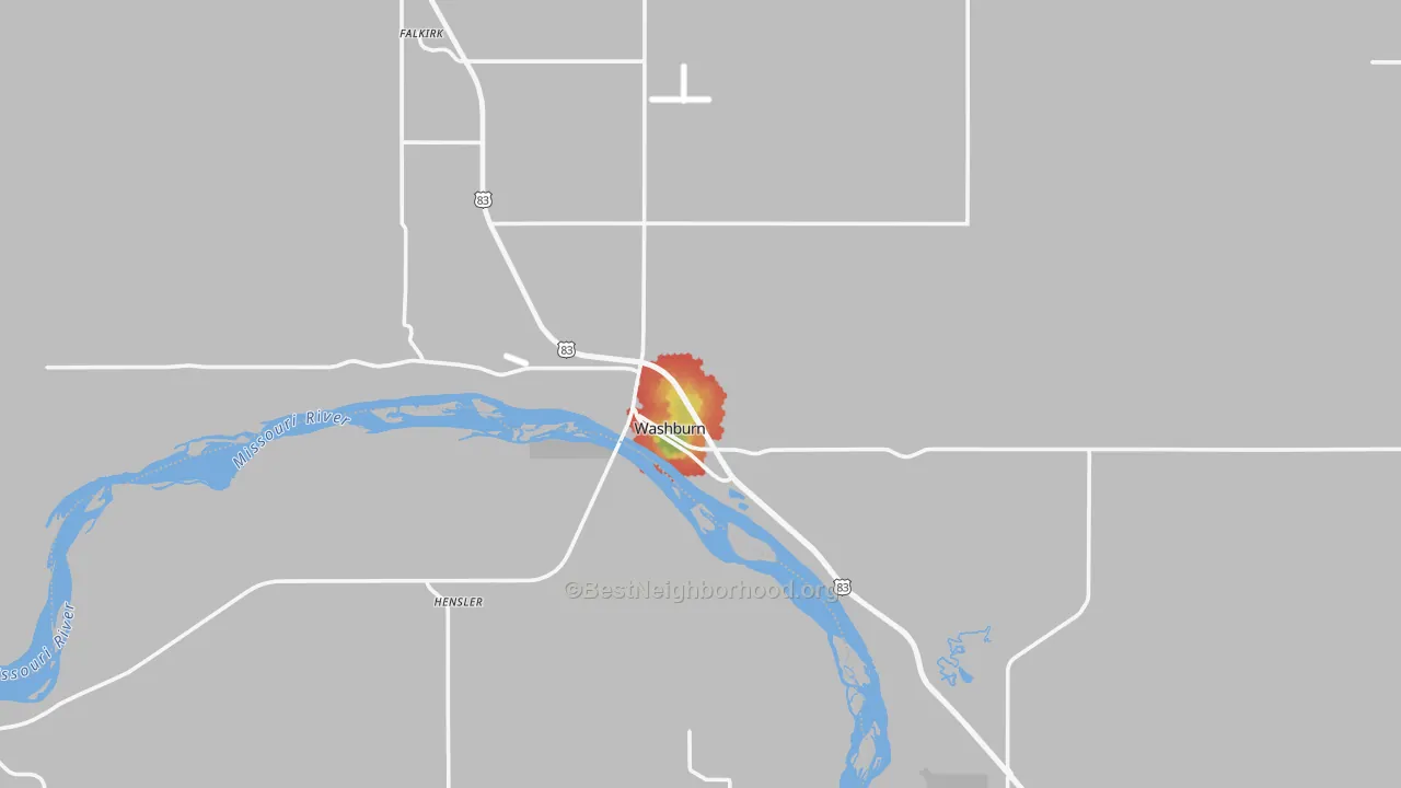Walk Grade map of Washburn, ND, walkable areas in green and car-dependent areas in red