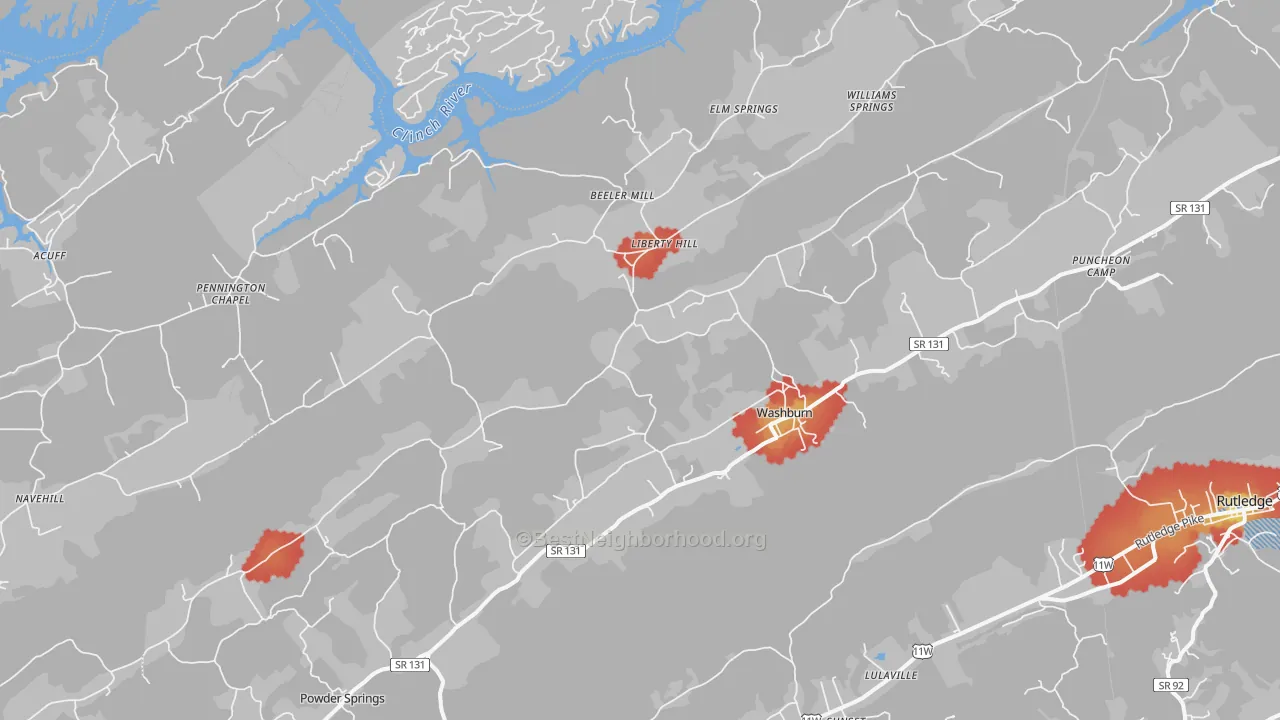 Walk Grade map of Washburn, TN, walkable areas in green and car-dependent areas in red
