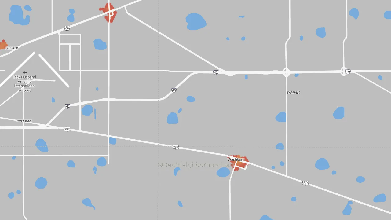 Walk Grade map of Washburn, TX, walkable areas in green and car-dependent areas in red