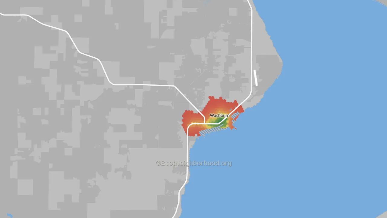 Walk Grade map of Washburn, WI, walkable areas in green and car-dependent areas in red