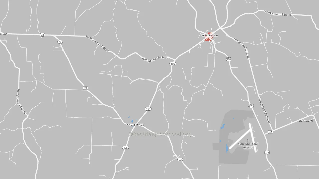 Walk Grade map of Washington, AR, walkable areas in green and car-dependent areas in red