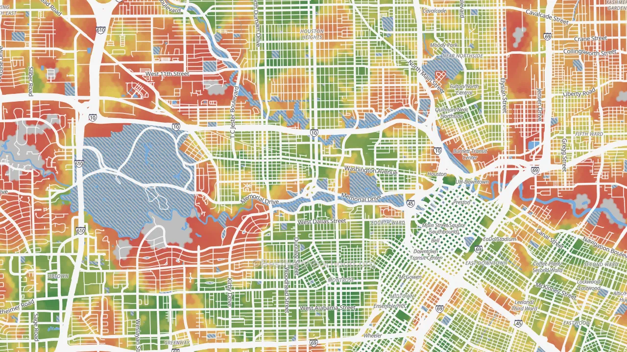 Walk Grade map of Washington Avenue-Memorial Park, Houston, TX, walkable areas in green and car-dependent areas in red