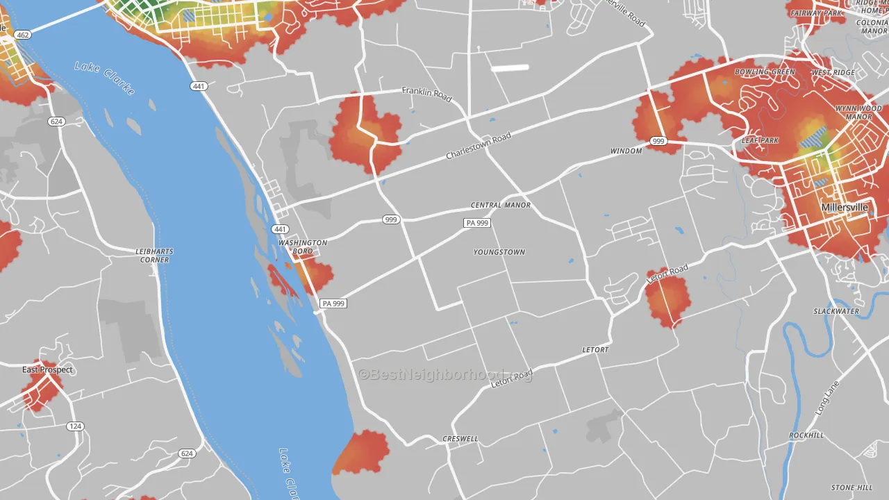 Walk Grade map of Washington Boro, PA, walkable areas in green and car-dependent areas in red