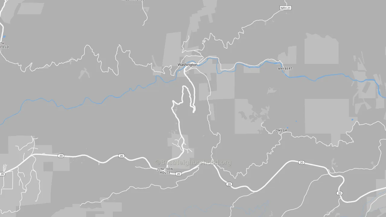 Walk Grade map of Washington, CA, walkable areas in green and car-dependent areas in red