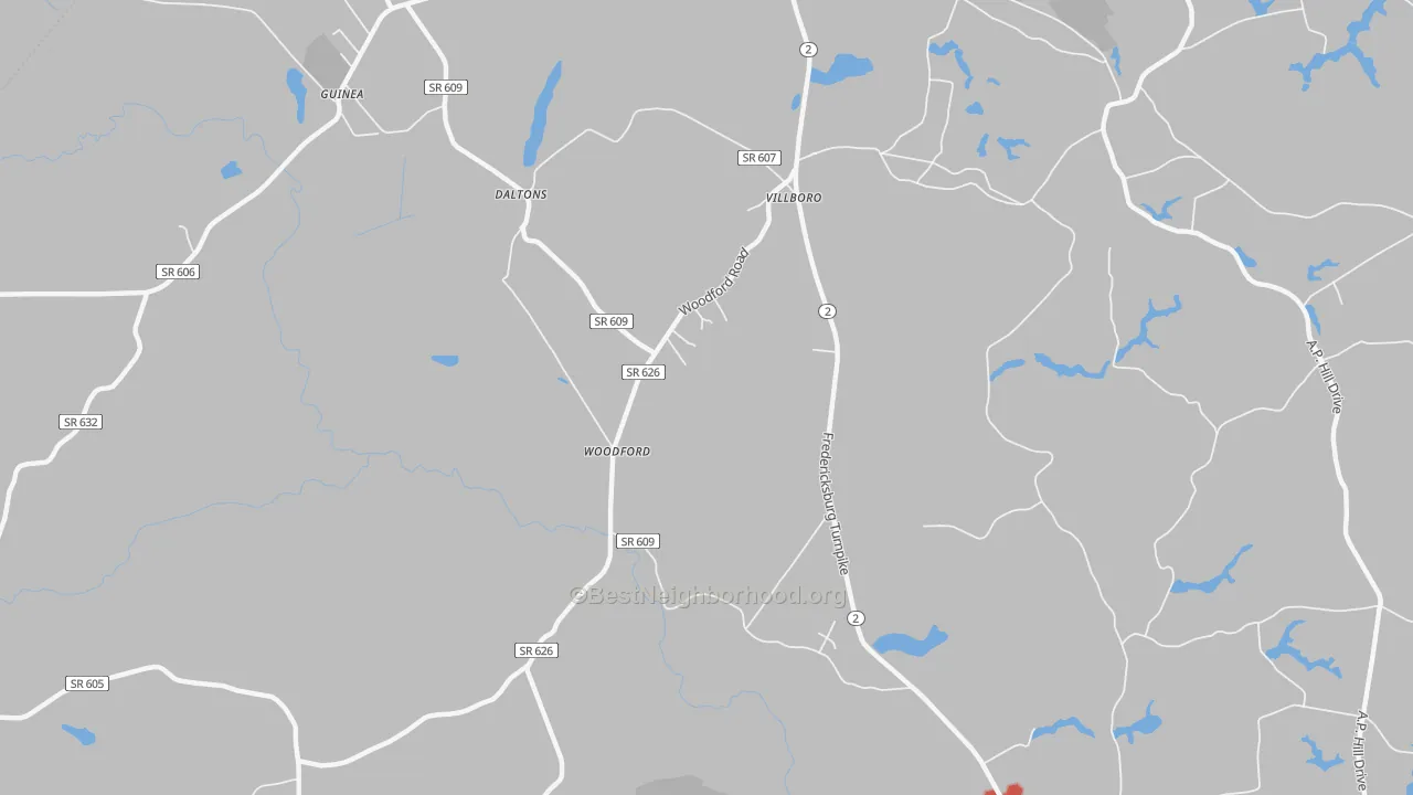 Walk Grade map of Washington Corner, VA, walkable areas in green and car-dependent areas in red