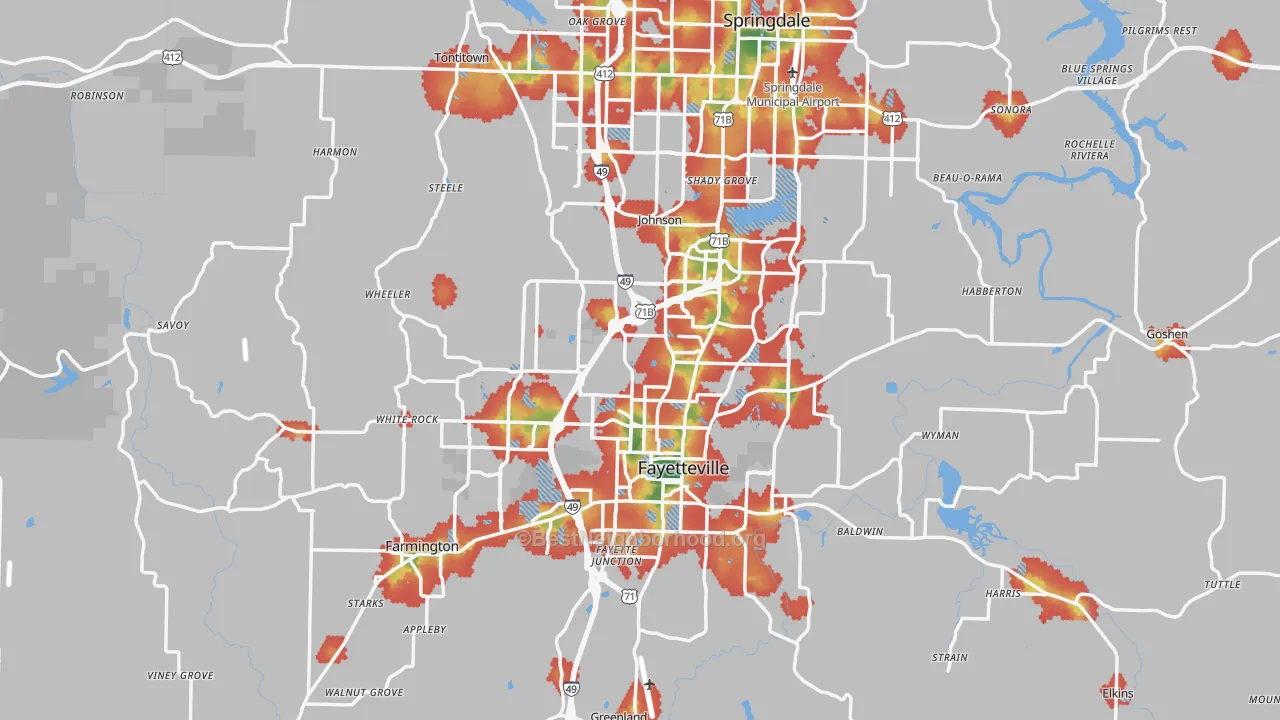 Walk Grade map of Washington County, AR, walkable areas in green and car-dependent areas in red