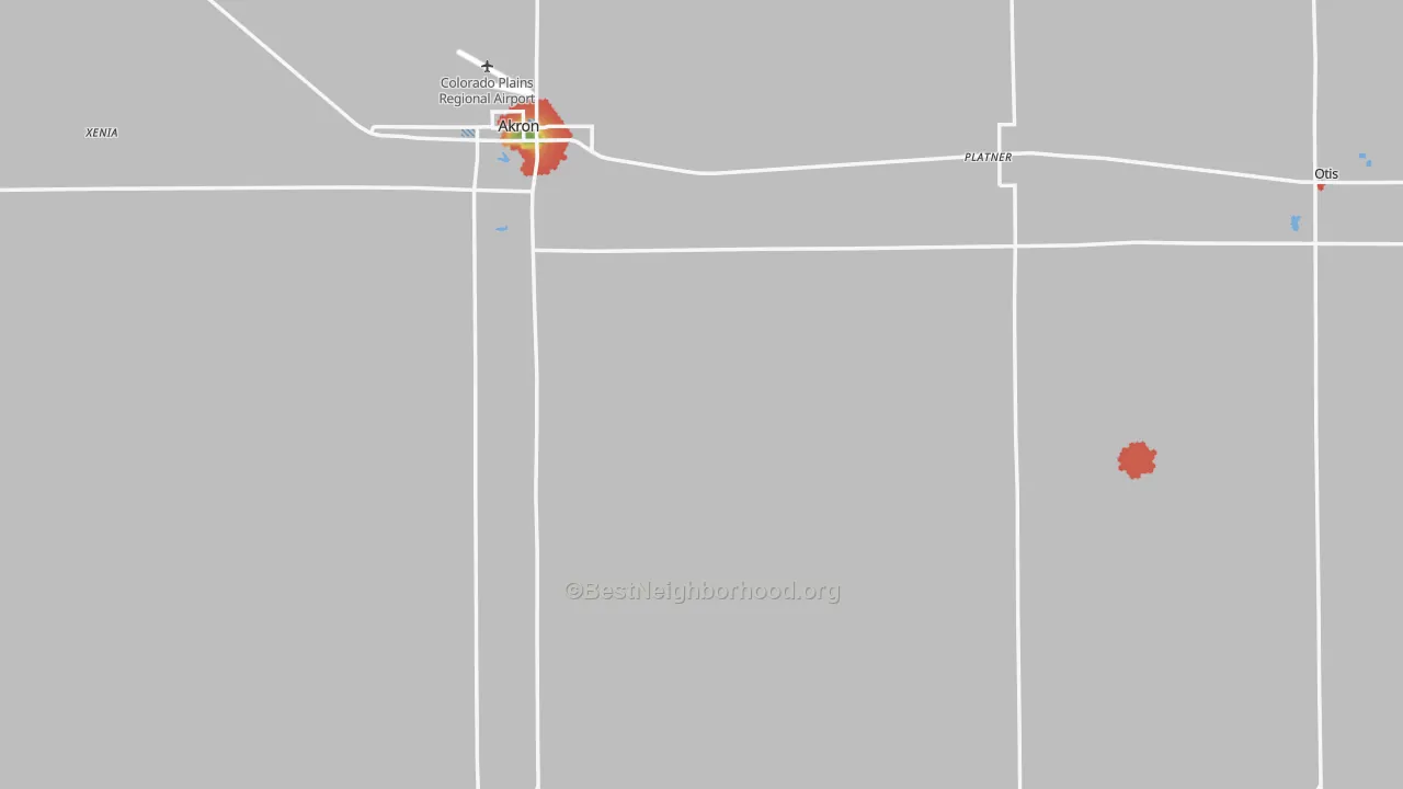Walk Grade map of Washington County, CO, walkable areas in green and car-dependent areas in red