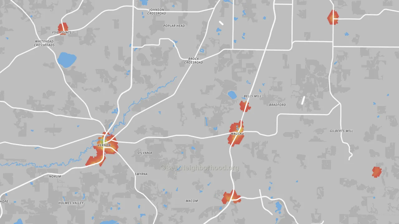 Walk Grade map of Washington County, FL, walkable areas in green and car-dependent areas in red
