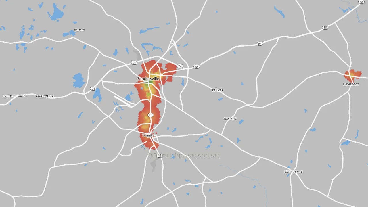 Walk Grade map of Washington County, GA, walkable areas in green and car-dependent areas in red